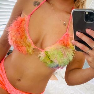 Rave/Festival Clothing - Rainbow Fluffy Bikini Bra